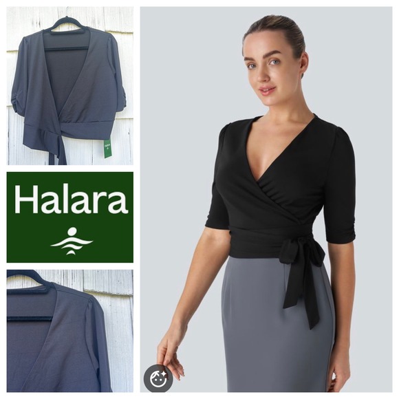 HALARA Tops - Halara Black V-Neck Wrap Tie Waist Crop Top Elbow Sleeve Puffed Shoulder Medium